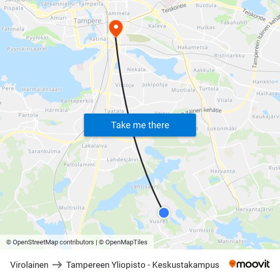 Virolainen to Tampereen Yliopisto - Keskustakampus map