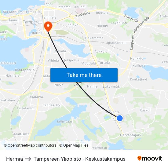 Hermia to Tampereen Yliopisto - Keskustakampus map