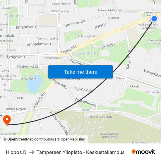 Hippos D to Tampereen Yliopisto - Keskustakampus map