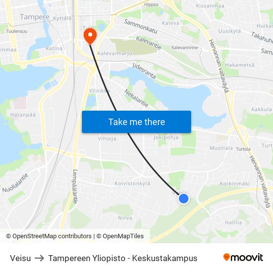 Veisu to Tampereen Yliopisto - Keskustakampus map