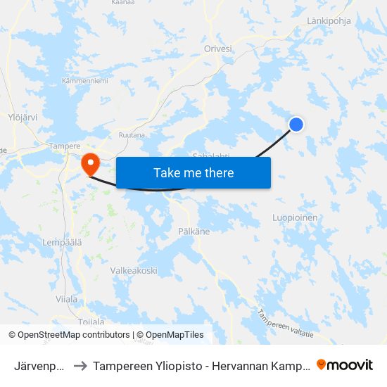Järvenpää to Tampereen Yliopisto - Hervannan Kampus map