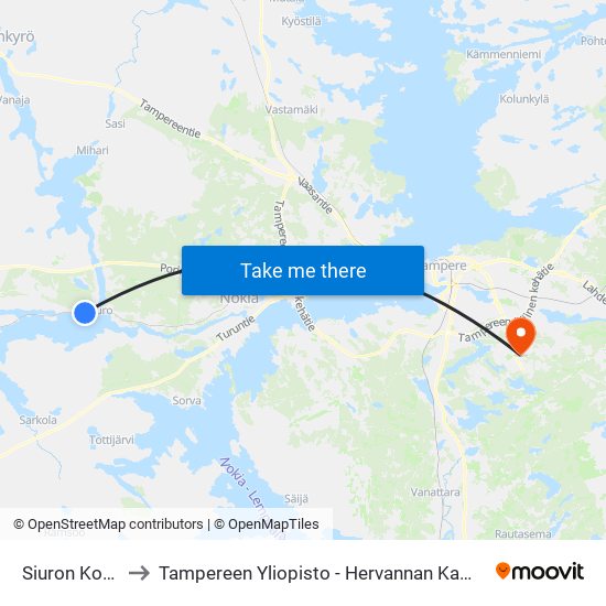 Siuron Koulu to Tampereen Yliopisto - Hervannan Kampus map