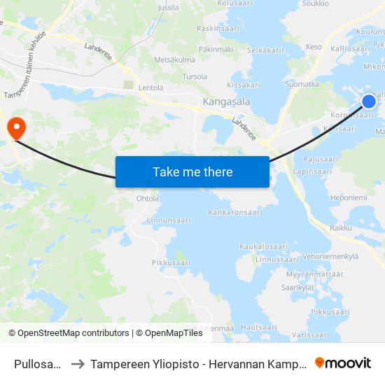 Pullosaari to Tampereen Yliopisto - Hervannan Kampus map