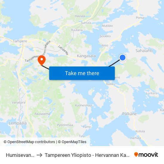Humisevantie to Tampereen Yliopisto - Hervannan Kampus map