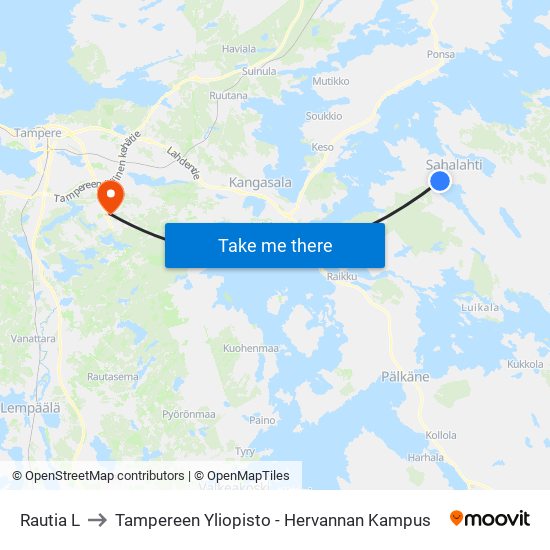 Rautia L to Tampereen Yliopisto - Hervannan Kampus map