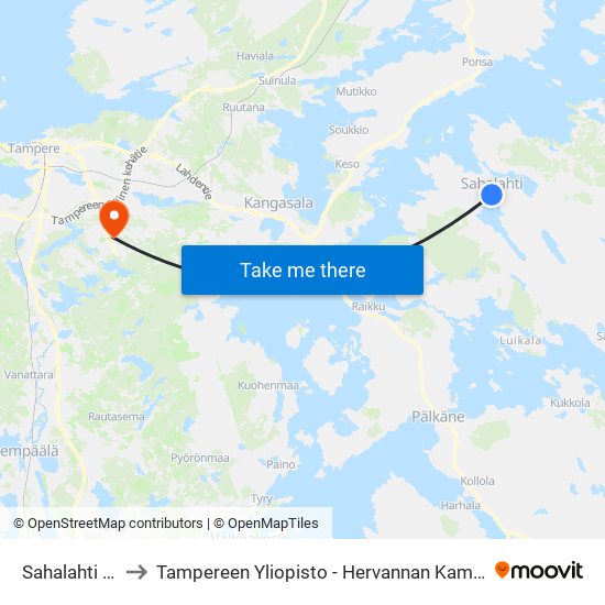 Sahalahti Th to Tampereen Yliopisto - Hervannan Kampus map