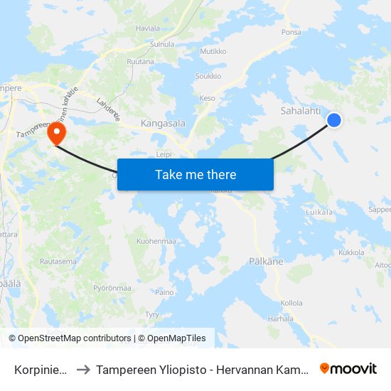 Korpiniemi to Tampereen Yliopisto - Hervannan Kampus map
