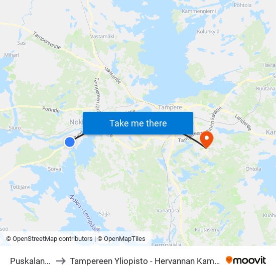 Puskalantie to Tampereen Yliopisto - Hervannan Kampus map