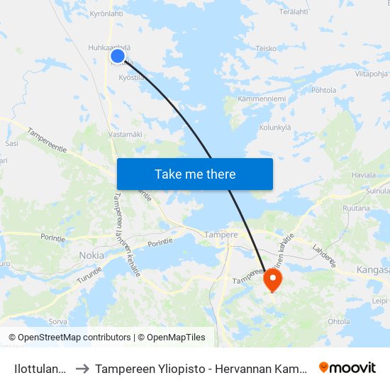 Ilottulantie to Tampereen Yliopisto - Hervannan Kampus map