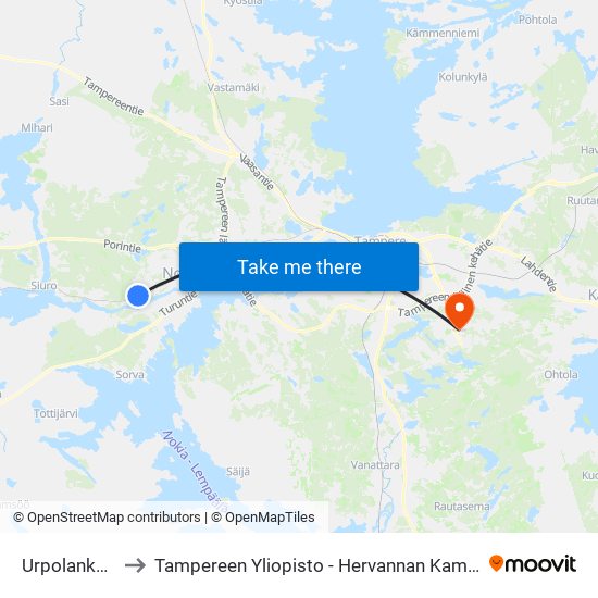 Urpolankatu to Tampereen Yliopisto - Hervannan Kampus map
