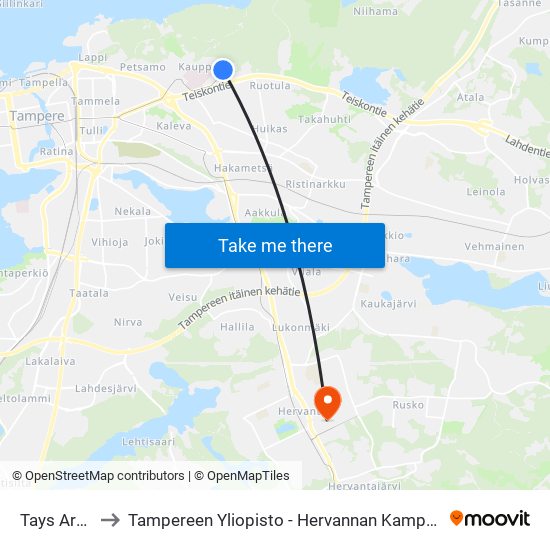 Tays Arvo to Tampereen Yliopisto - Hervannan Kampus map