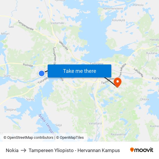 Nokia to Tampereen Yliopisto - Hervannan Kampus map