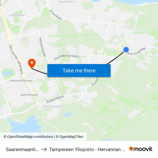 Saarenmaantie Th to Tampereen Yliopisto - Hervannan Kampus map