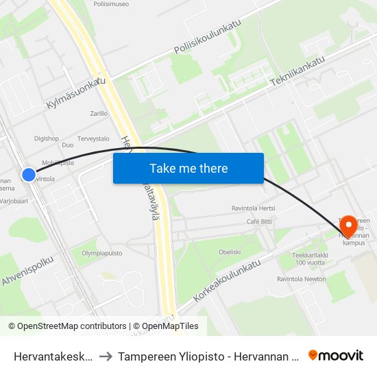 Hervantakeskus A to Tampereen Yliopisto - Hervannan Kampus map