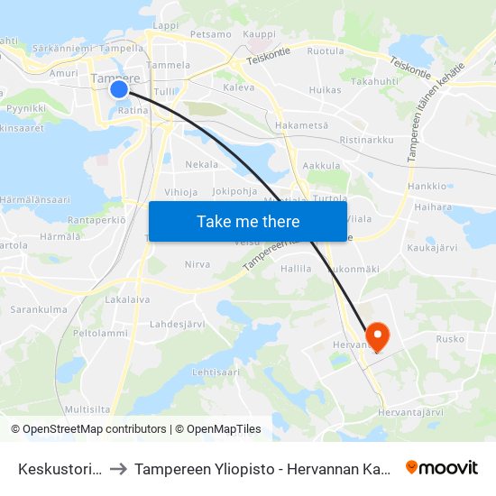 Keskustori M to Tampereen Yliopisto - Hervannan Kampus map