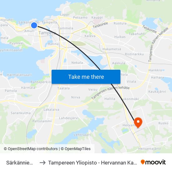 Särkänniemi D to Tampereen Yliopisto - Hervannan Kampus map