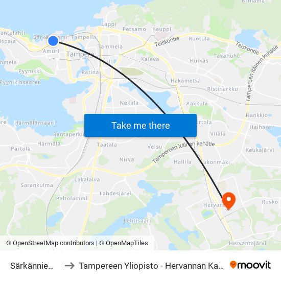 Särkänniemi C to Tampereen Yliopisto - Hervannan Kampus map