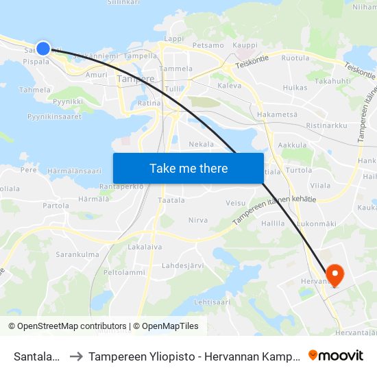 Santalahti to Tampereen Yliopisto - Hervannan Kampus map