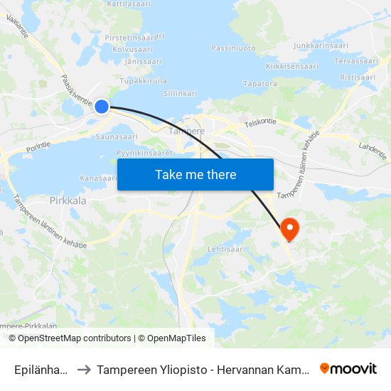 Epilänharju to Tampereen Yliopisto - Hervannan Kampus map