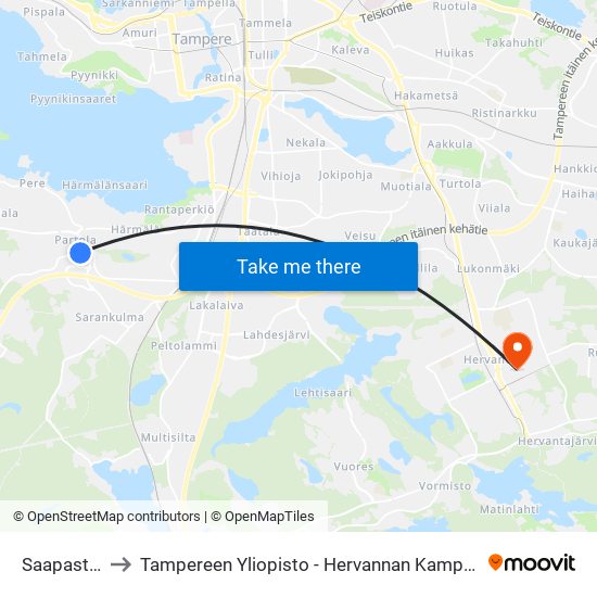 Saapastie to Tampereen Yliopisto - Hervannan Kampus map