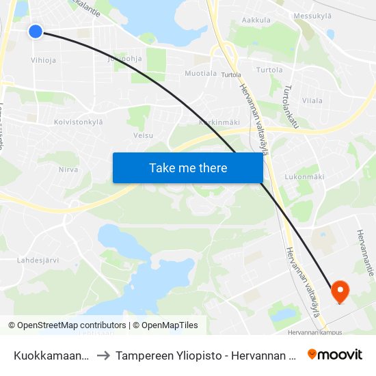 Kuokkamaantie 6 to Tampereen Yliopisto - Hervannan Kampus map
