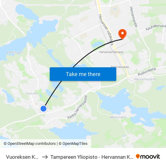 Vuoreksen Koulu to Tampereen Yliopisto - Hervannan Kampus map