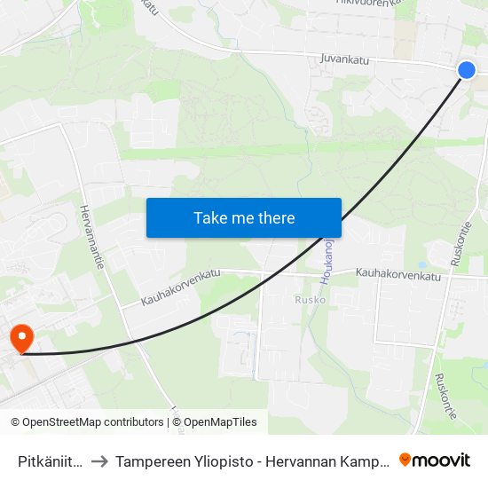 Pitkäniitty to Tampereen Yliopisto - Hervannan Kampus map