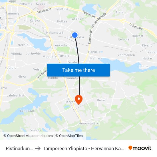 Ristinarkuntie to Tampereen Yliopisto - Hervannan Kampus map