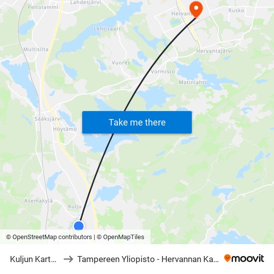 Kuljun Kartano to Tampereen Yliopisto - Hervannan Kampus map