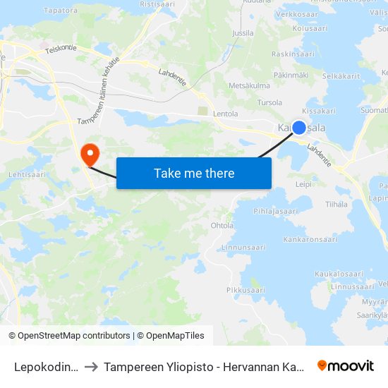 Lepokodintie to Tampereen Yliopisto - Hervannan Kampus map