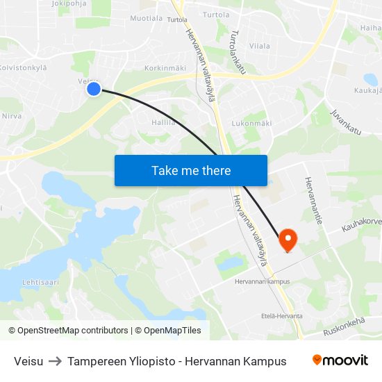 Veisu to Tampereen Yliopisto - Hervannan Kampus map