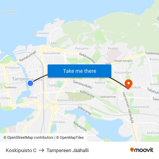 Koskipuisto C to Tampereen Jäähalli map