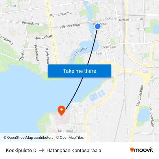 Koskipuisto D to Hatanpään Kantasairaala map