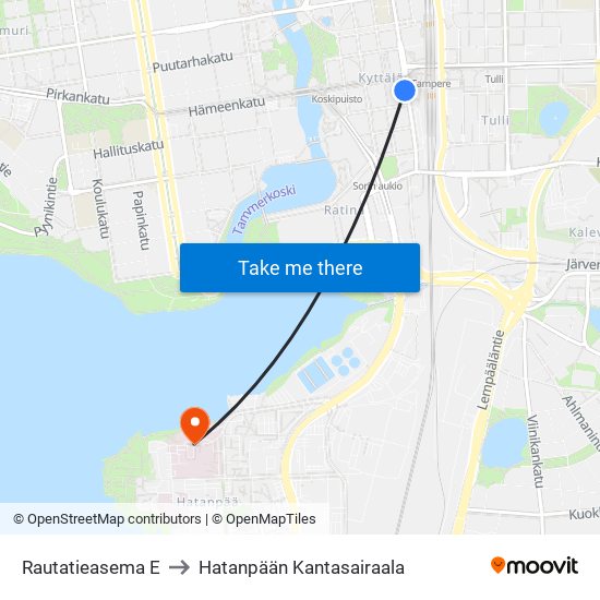 Rautatieasema E to Hatanpään Kantasairaala map