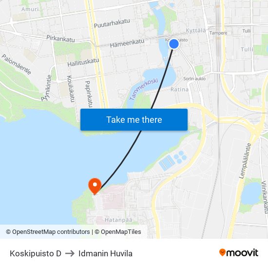 Koskipuisto D to Idmanin Huvila map