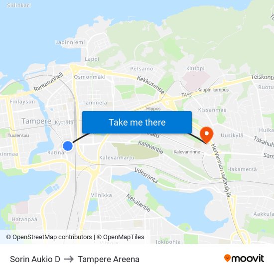 Sorin Aukio D to Tampere Areena map
