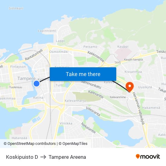 Koskipuisto D to Tampere Areena map