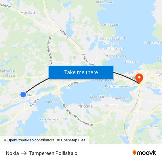 Nokia to Tampereen Poliisitalo map