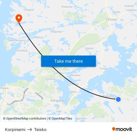 Korpiniemi to Teisko map