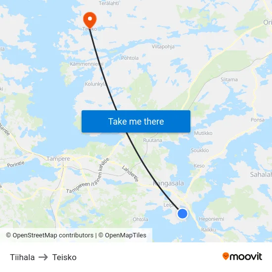 Tiihala to Teisko map