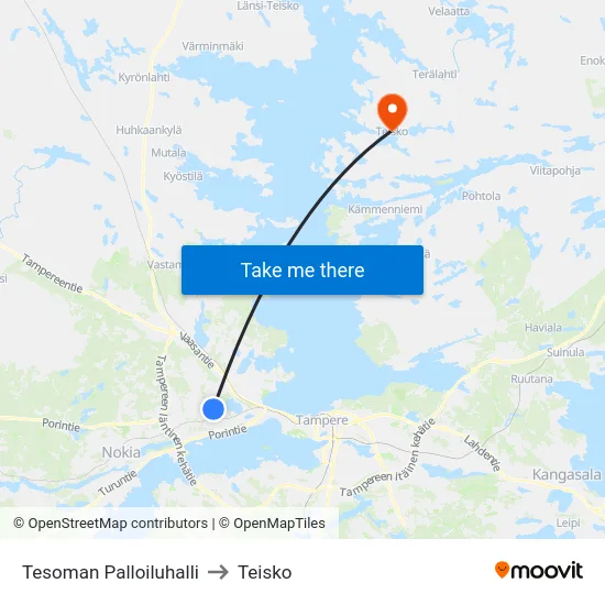 Tesoman Palloiluhalli to Teisko map