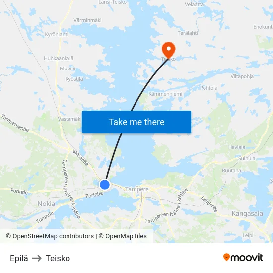 Epilä to Teisko map