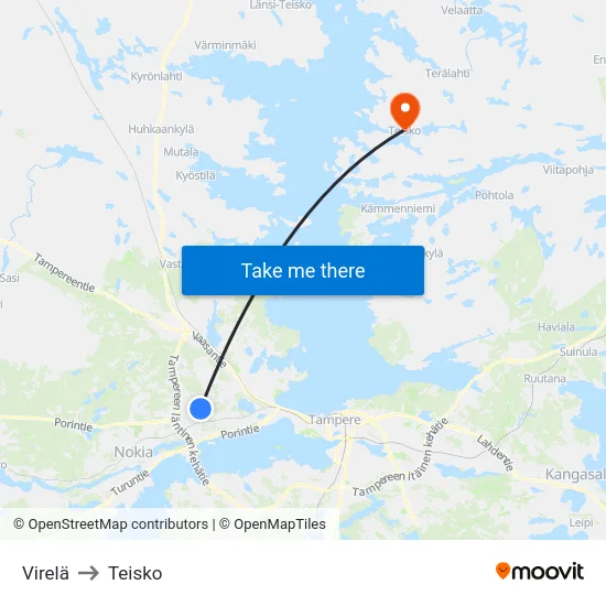 Virelä to Teisko map