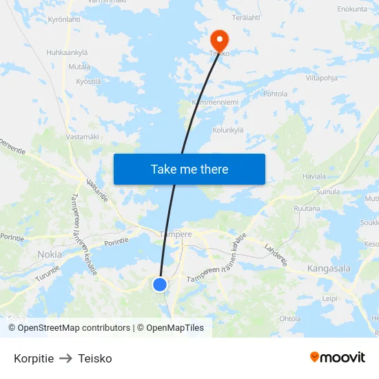 Korpitie to Teisko map