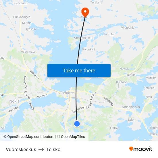 Vuoreskeskus to Teisko map
