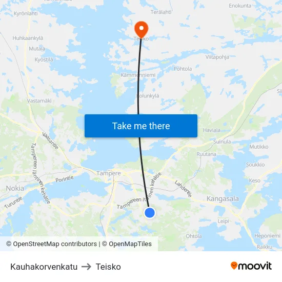 Kauhakorvenkatu to Teisko map