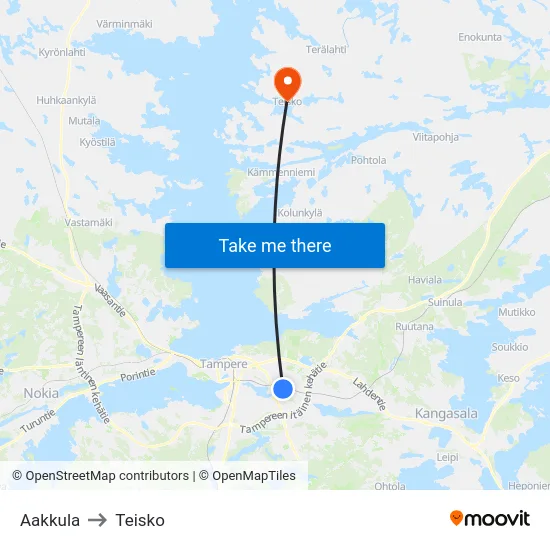 Aakkula to Teisko map
