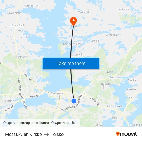 Messukylän Kirkko to Teisko map
