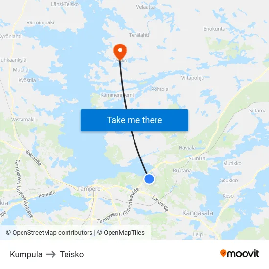 Kumpula to Teisko map