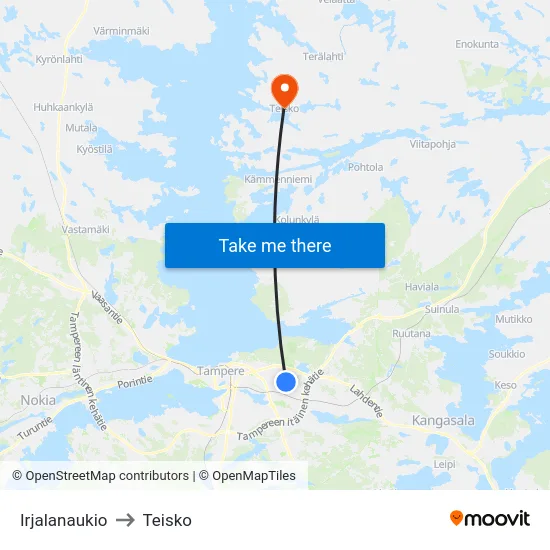Irjalanaukio to Teisko map